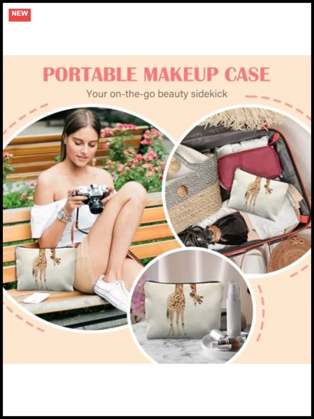 Giraffe Print Linen Canvas Makeup Bag Travel Cosmetic Pouch for Women